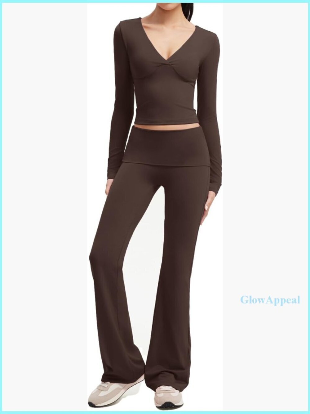 Long Sleeve V Neck Crop Top and Fold Over Flare Leggings Set